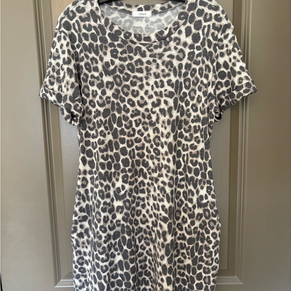 Cherish Leopard Print Short Sleeve Dress - Black and Cream